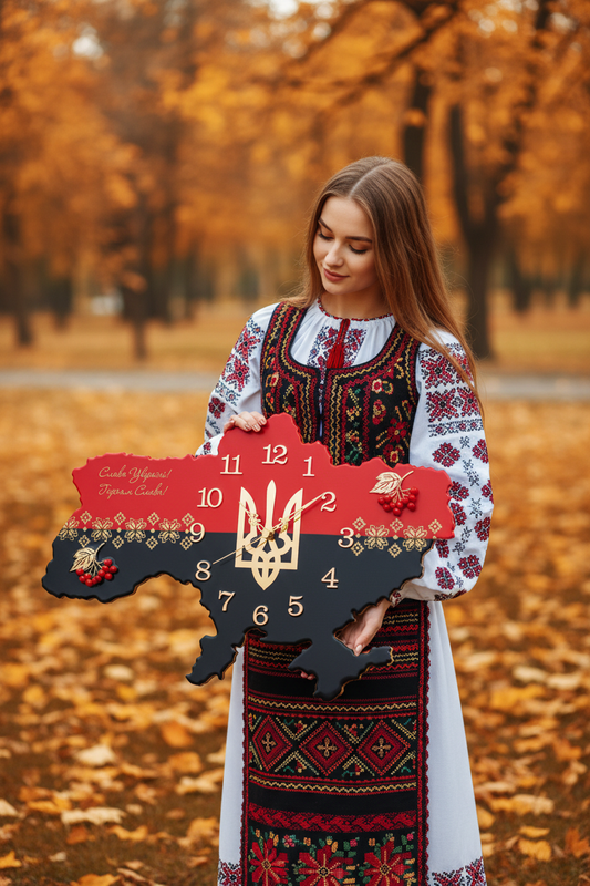 Дівчина у червоно-чорному корсеті з годинником Слава Україні в осінньому парку