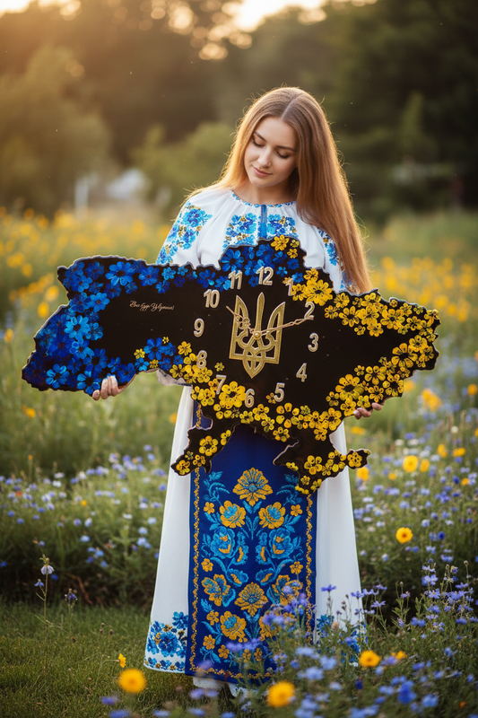 Дівчина у синьо-жовтому квітковому корсеті з годинником Квіти України