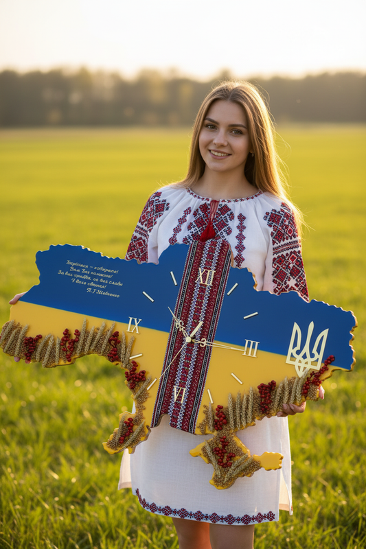 Дівчина у вишиванці з годинником прапор України