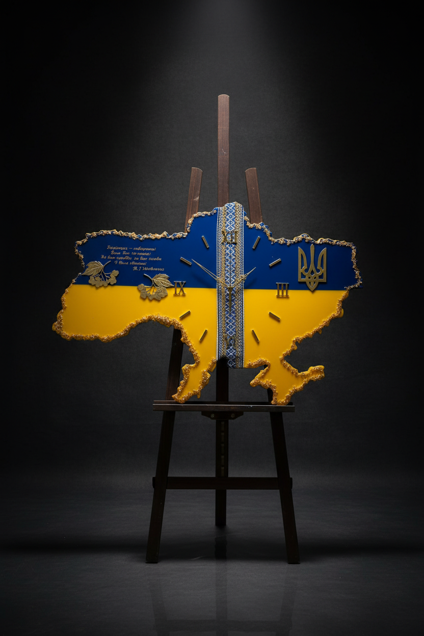 Синьо-жовтий годинник Прапор у темній студії на мольберті