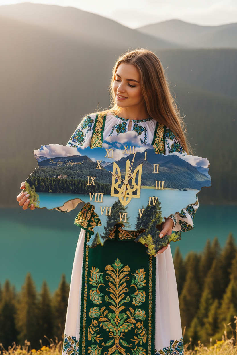 Дівчина у карпатському корсеті з годинником Синевир