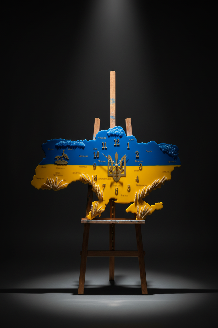 Синьо-жовтий годинник з лелеками у темній студії на мольберті