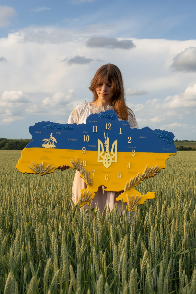 Дівчина у синьо-жовтому корсеті з годинником Лелеки та міста