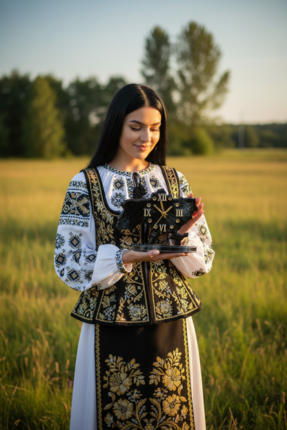 Брюнетка у чорно-золотому корсеті тримає маленький чорний годинник на тлі природи