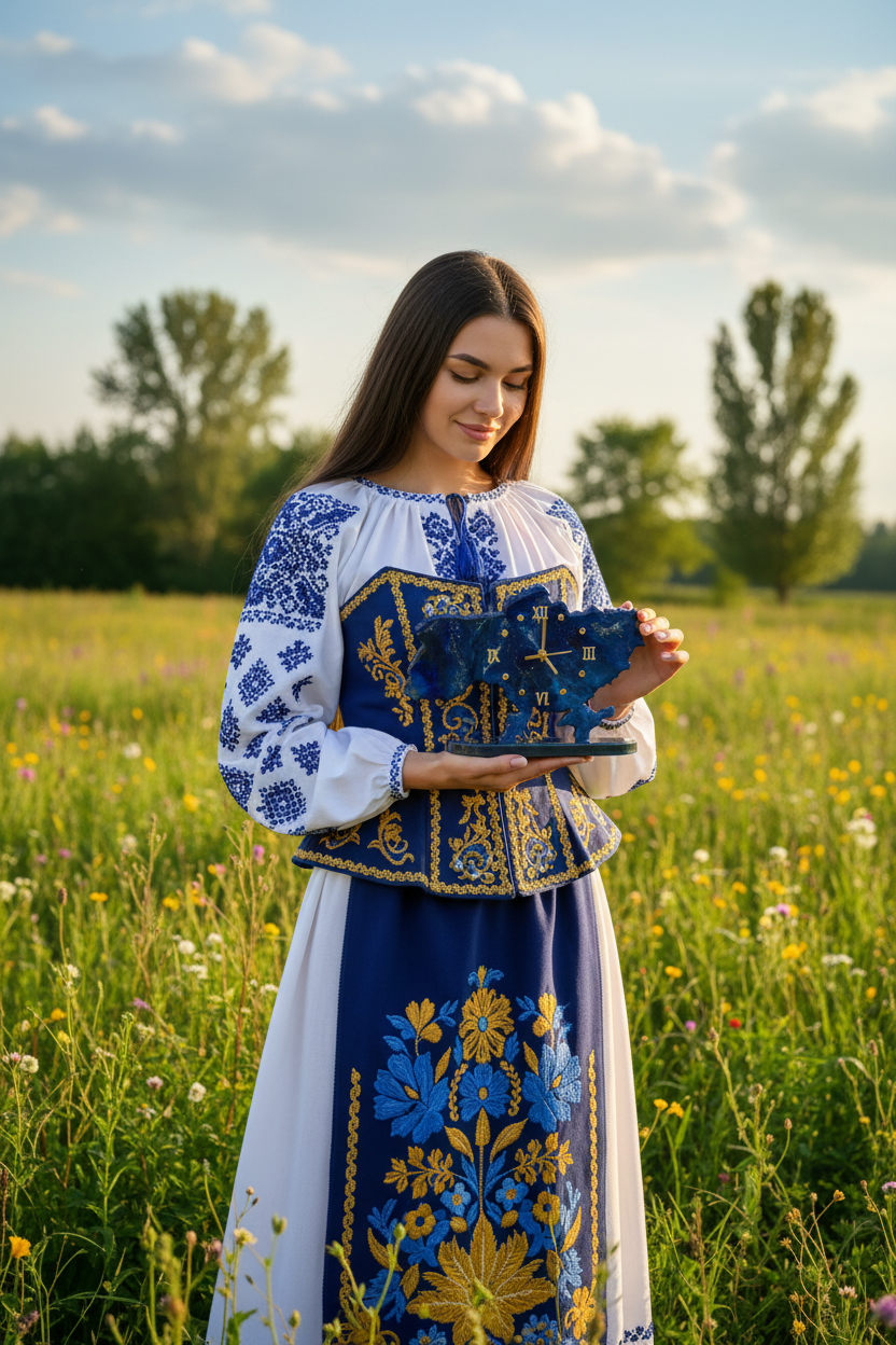 Дівчина у корсеті тримає маленький синій годинник на тлі природи