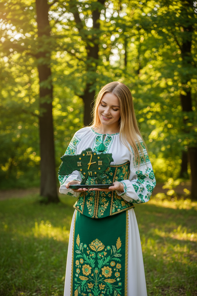 Блондинка у зеленому корсеті тримає маленький смарагдовий годинник у лісі