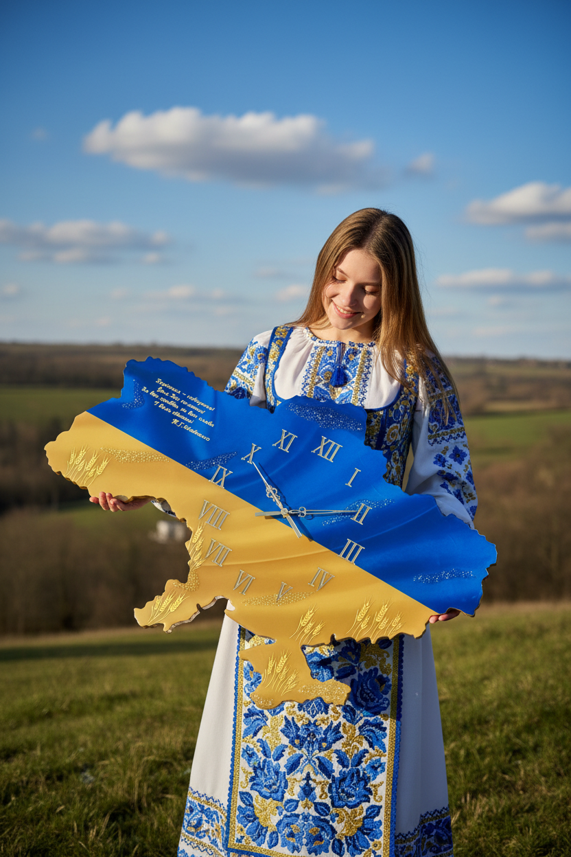 Дівчина у синьо-золотому корсеті з годинником Шевченко на тлі зелених пагорбів