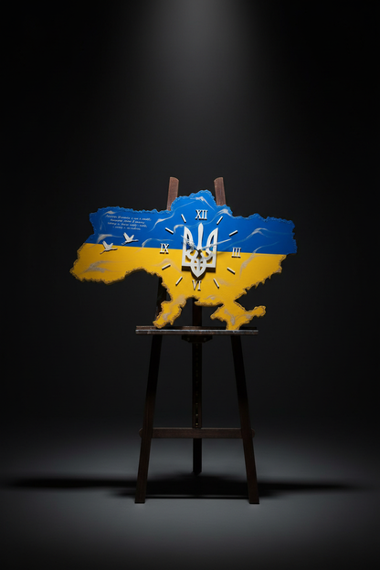 Синьо-жовтий годинник з голубами у темній студії на мольберті